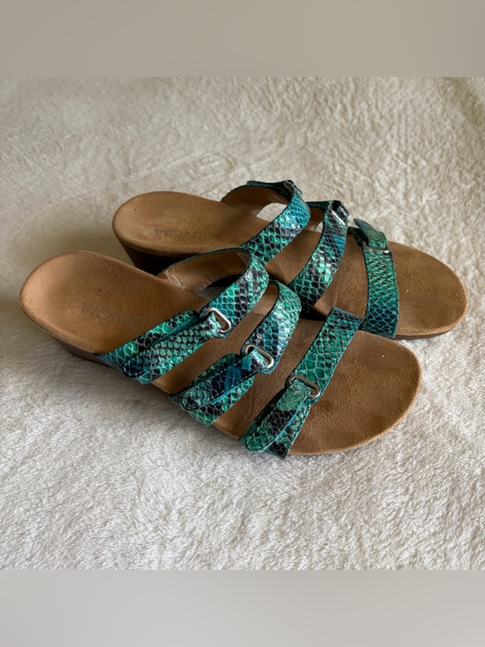 Vionic Teal Snake-Print Strappy Slide Sandals - Picture 1 of 7